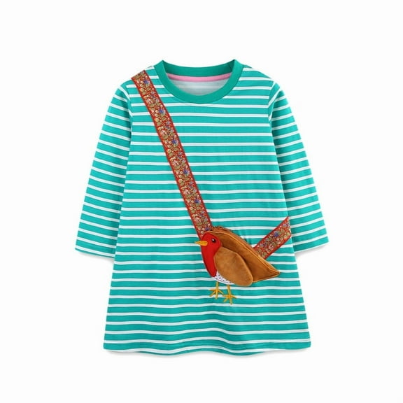 Bellafa Toldler Girls Cotton Long Sleeve Casual Cartoon Appliques Striped Jersey Dress Kids Tunic Party Dresses With Bird Pocket