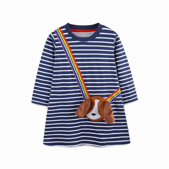 Bellafa Toldler Girls Cotton Long Sleeve Casual Cartoon Appliques Striped Jersey Dress Kids Tunic Party Dresses With Dog Pocket
