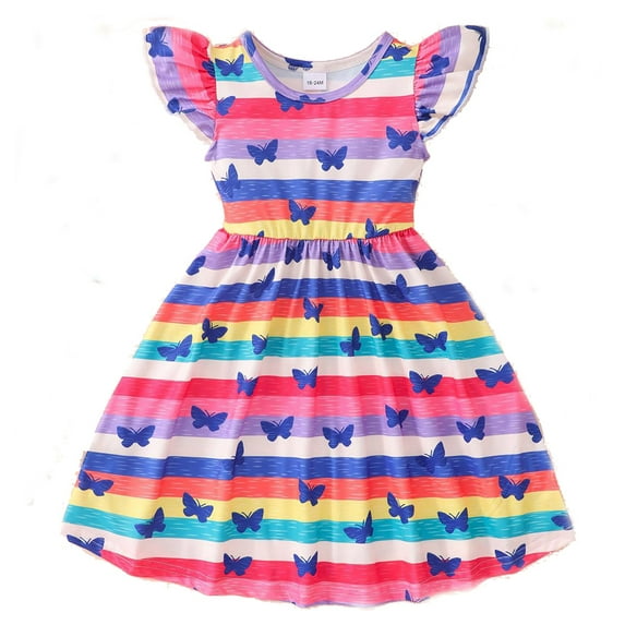 Bellafa Tollder Girls Cartoon Unicorn Sundress Summer Rullfle Sleeve A-line Dress 2-8 Years Kids Casual Dresses