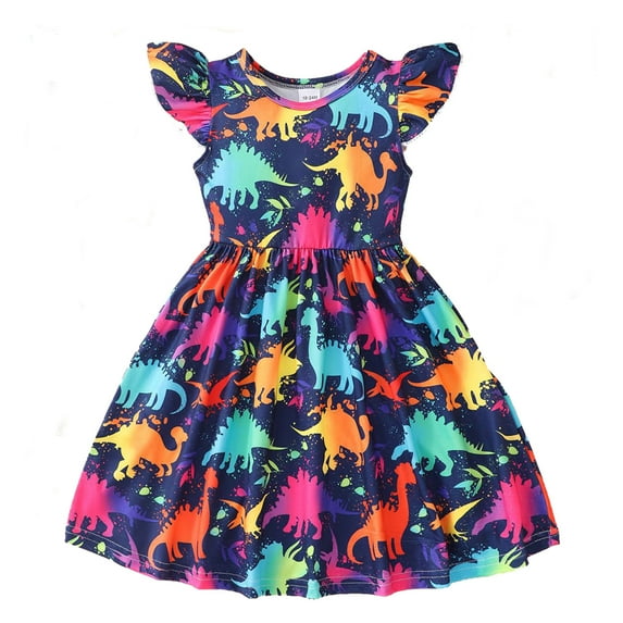 Bellafa Tollder Girls Cartoon Unicorn Sundress Summer Rullfle Sleeve A-line Dress 2-8 Years Kids Casual Dresses