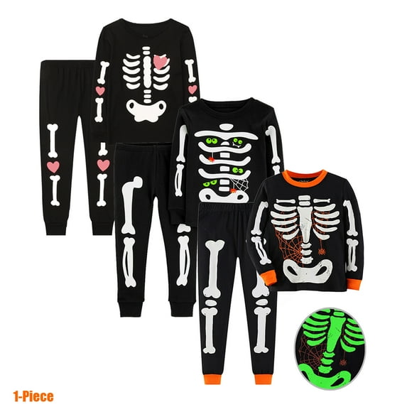 Bellafa Unisex Kids Skeleton Pajamas Glow in the Dark 100% Cotton Sleepwear Toddler Girls Boys Skull Halloween Pjs Sets 3-8T-1PCS