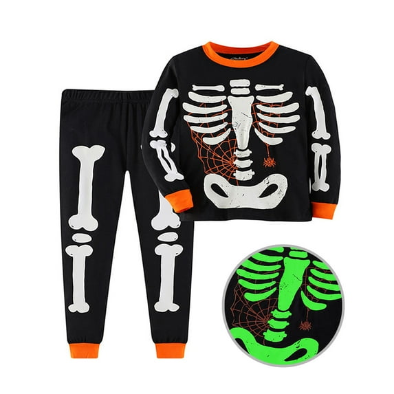 Bellafa Unisex Kids Skeleton Pajamas Glow in the Dark 100% Cotton Sleepwear Toddler Girls Boys Skull Halloween Pjs Sets 3-8T