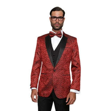 Bellagio Classic 3Pc 1 Button Mens Red Suit With Trim On The Collar Super 150'S Extra Fine Italian Fabric By Alberto Nardoni Brand Designer