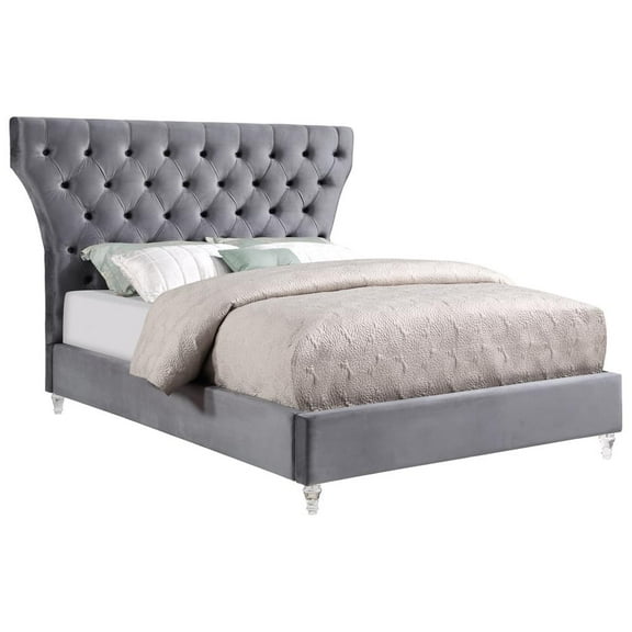 Bellagio Gray Tufted Velvet King Platform Bed with Acrylic Legs