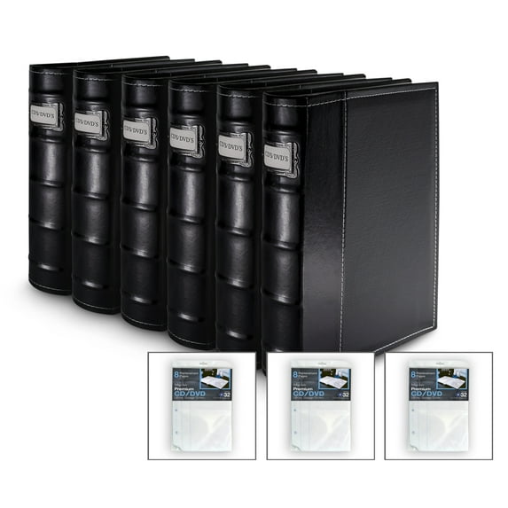 Bellagio-Italia CD/DVD Storage Binder - Black - Leather - 384-Disc Capacity - Storage Organizer for DVDs, CDs, Blu Rays, & Video Games - Acid-Free Binder Organizer Sheets - 6 Pack Bonus Sheets