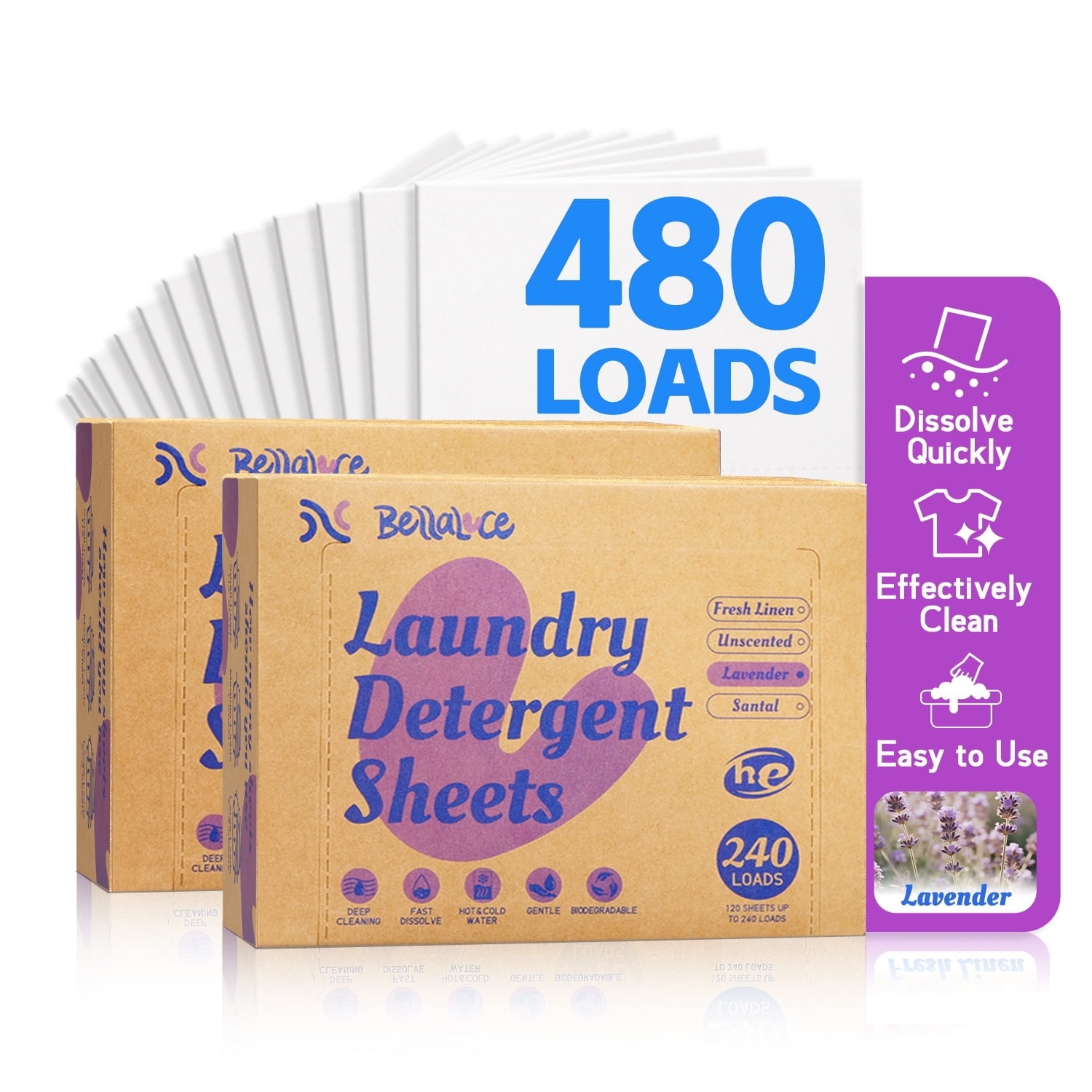 Bellaluce Concentrated Laundry Detergent Sheets, Lavender Scent, 480 Loads, 2 Pack (240 Count)