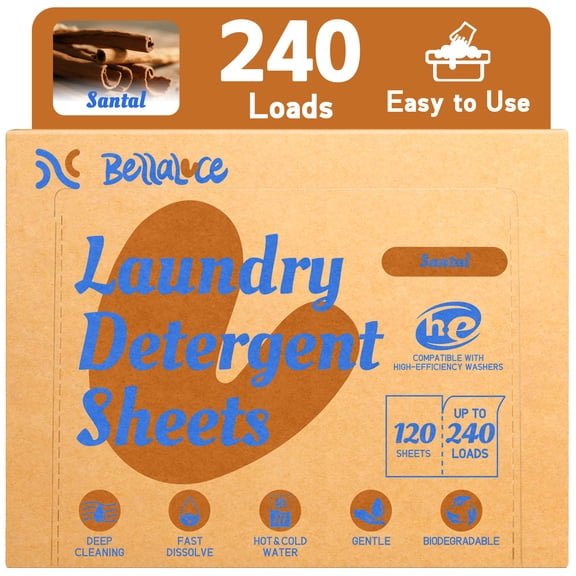 BellaLuce Eco-Friendly Plastic-Free Laundry Detergent Sheets, Santal Scent, 240 Loads, 120 Count