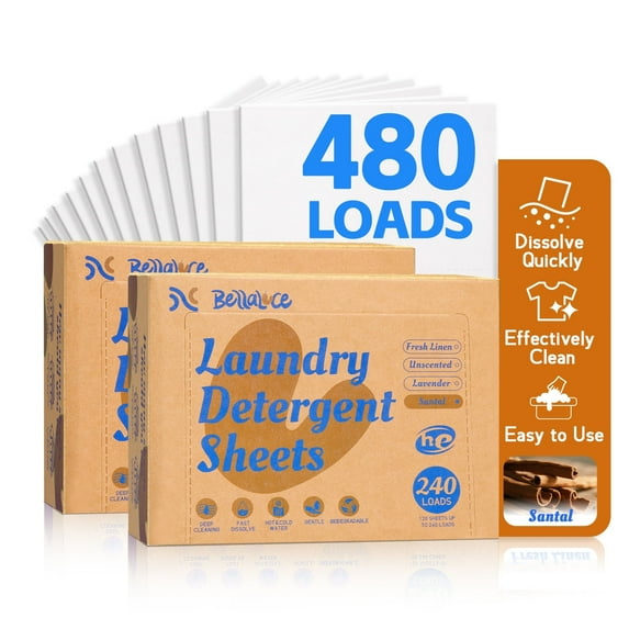 Bellaluce Eco-Friendly Plastic-Free Laundry Detergent Sheets, Santal Scent, 480 Loads,2 Pack (240 Count)