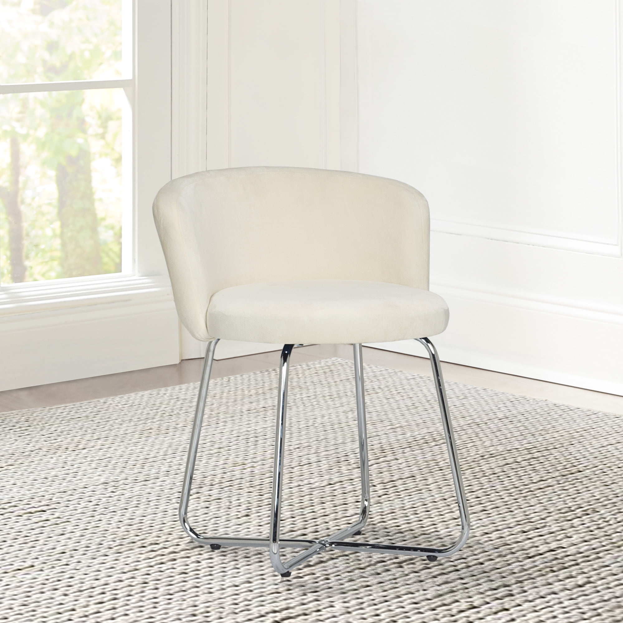 Marisol Chrome-Finished Metal Vanity Stool with Off-White Velvet