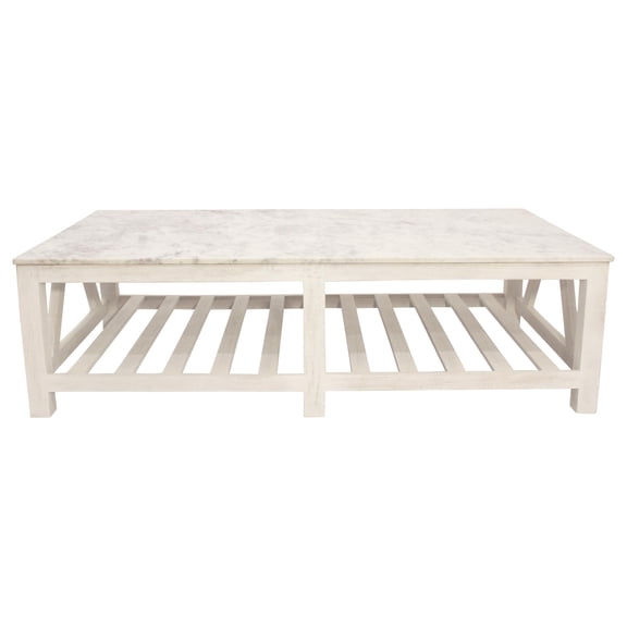 Bellamy White Marble Cocktail Table in Farmhouse Sur Tone on Solid Wood Base