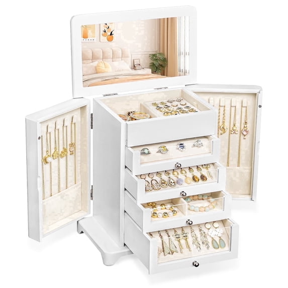 Bellaownia Large Jewelry Box for Women, Wooden 4-Drawer Organizer for Necklaces, Rings, Earrings, Bracelets m, Watches (White)