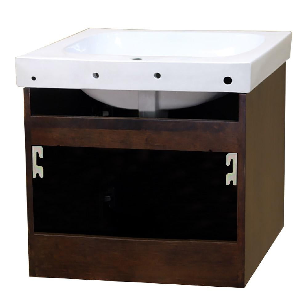 24.4" Medium Walnut Birch Wall-Mount Vanity with Ceramic Sink