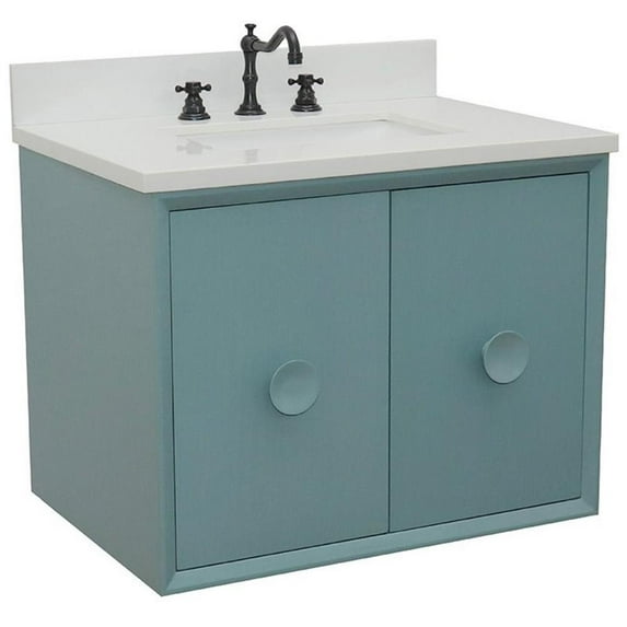 Bellaterra Home 31" Single wall mount vanity in Aqua Blue finish top with White quartz and rectangle sink