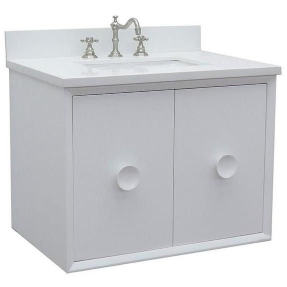 Bellaterra Home 31" Single wall mount vanity in White finish top with White quartz and rectangle sink