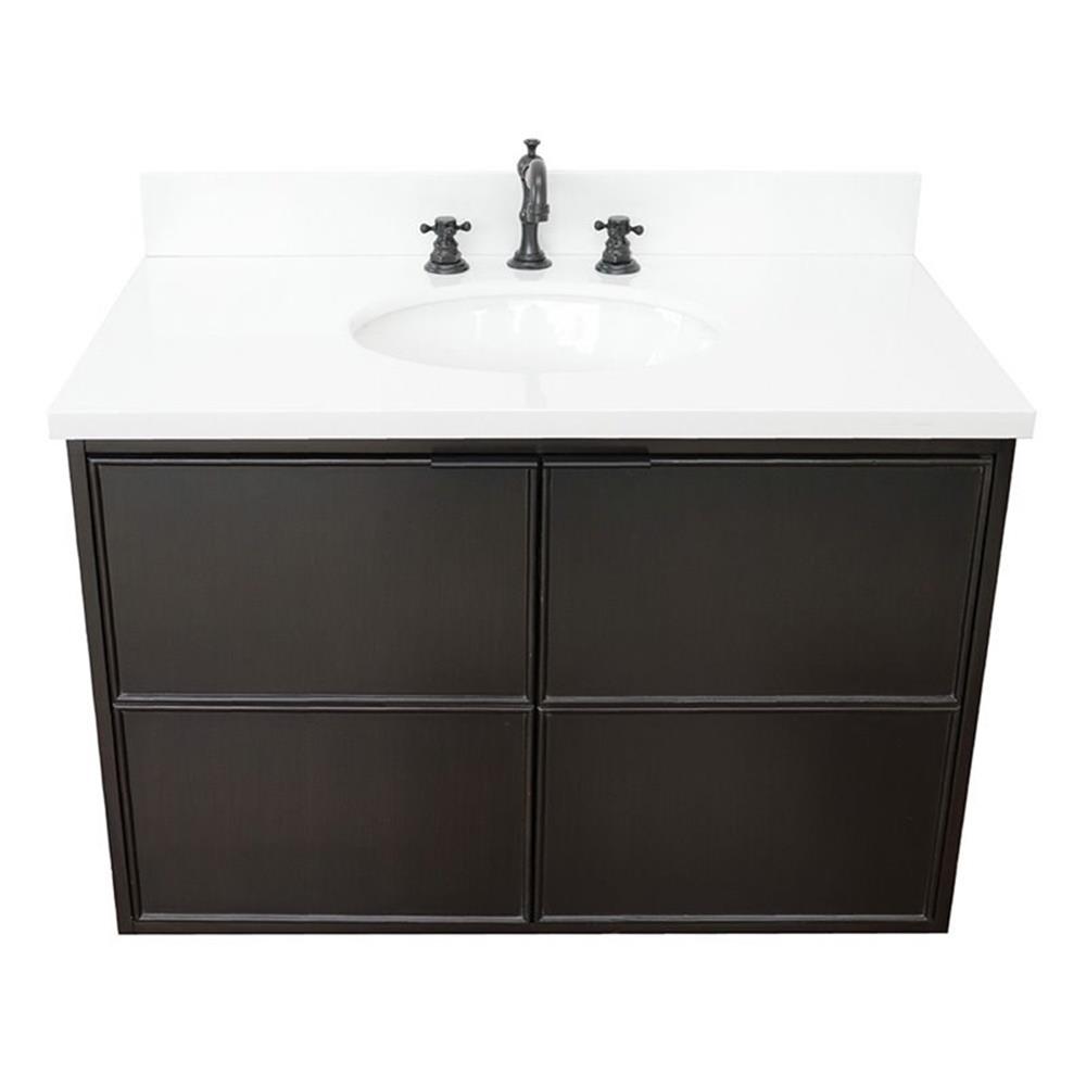 Bellaterra Home 37" Single wall mount vanity in Cappuccino finish top with White quartz and oval sink