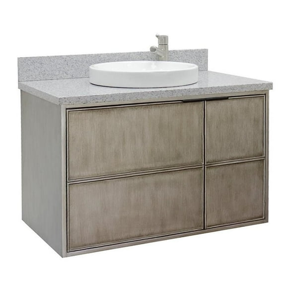 Bellaterra Home 37" Single wall mount vanity in Linen Brown finish top with Gray granite and round sink