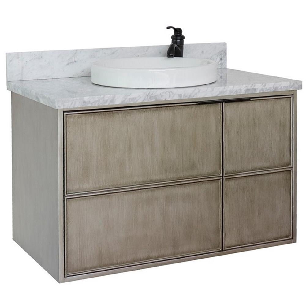 Bellaterra Home 37" Single wall mount vanity in Linen Brown finish top with White Carrara and round sink
