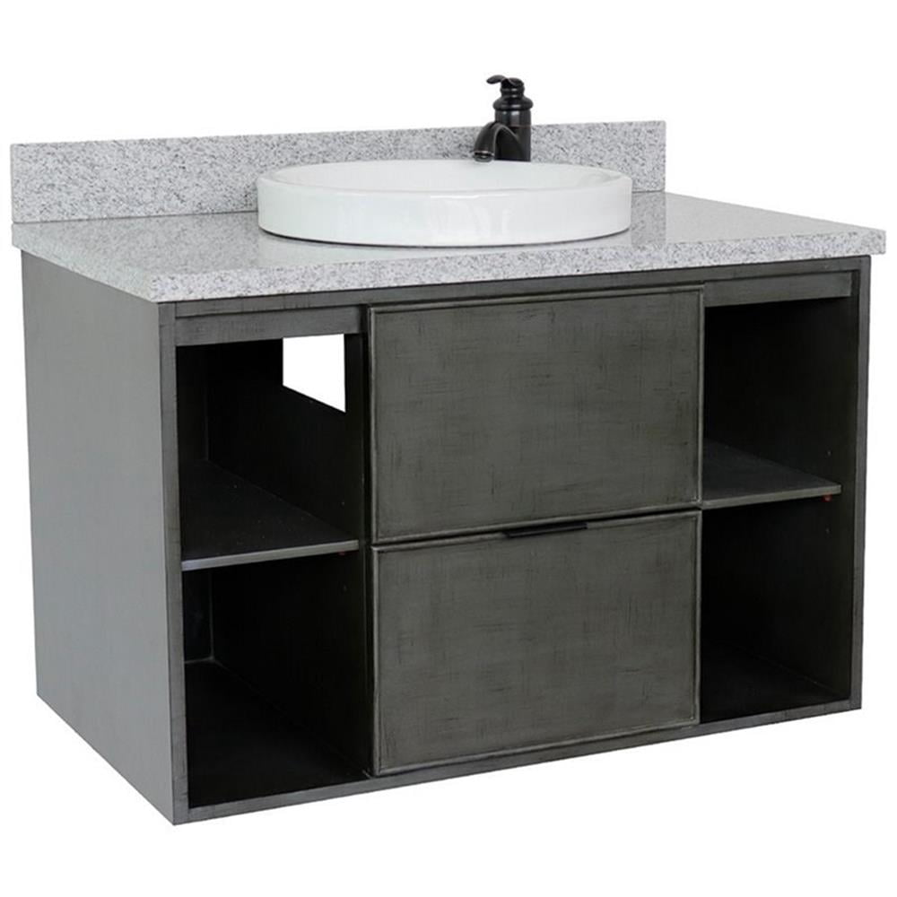 Bellaterra Home 37" Single wall mount vanity in Linen Gray finish top with Gray granite and round sink