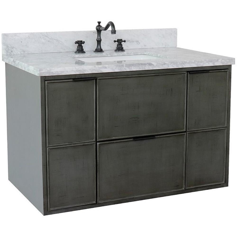 Bellaterra Home 37" Single wall mount vanity in Linen Gray finish top with White Carrara and rectangle sink