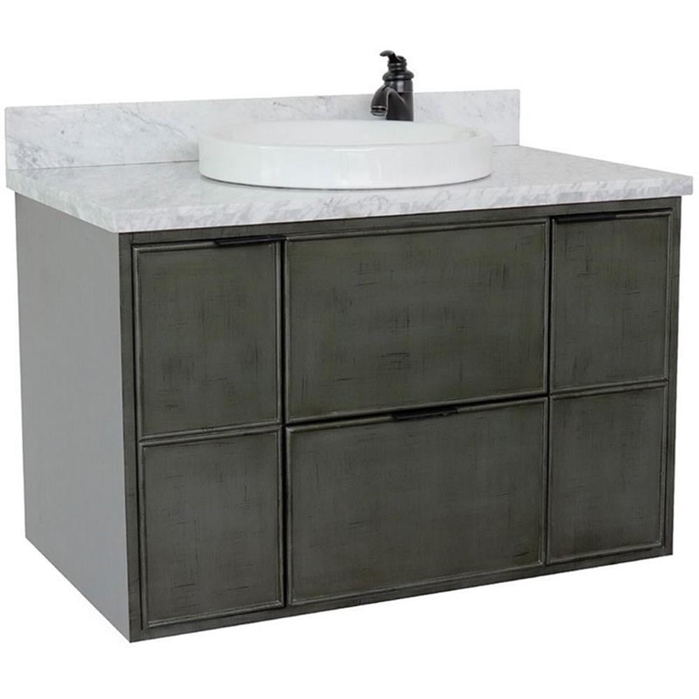 Bellaterra Home 37" Single wall mount vanity in Linen Gray finish top with White Carrara and round sink