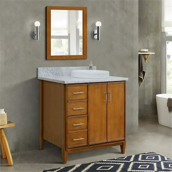 Bellaterra Home  37 in. Single Round Sink Vanity with Carrara Marble Top, Walnut & White - Right Door & Sink