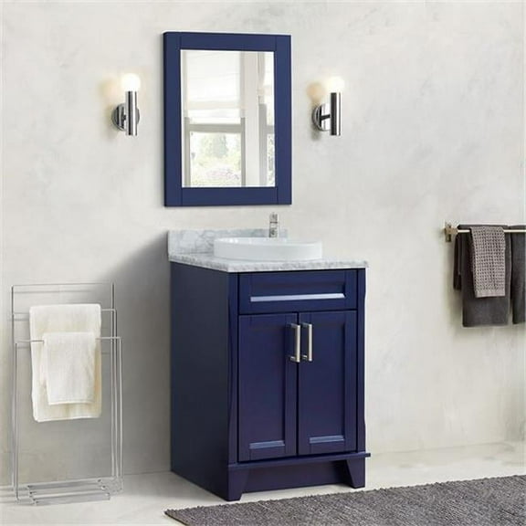 Bellaterra Home 400700-25-BU-WMRD 25 in. Single Round Sink Vanity with Carrara Marble Top, Blue & White