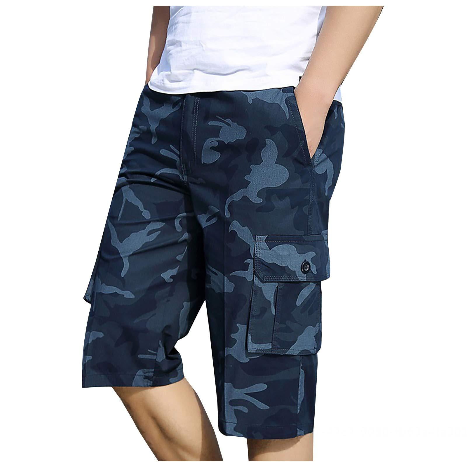 Mens 3/4 Elasticated Waist Long Relaxed Shorts Cargo Combat Three Quarter  Pants