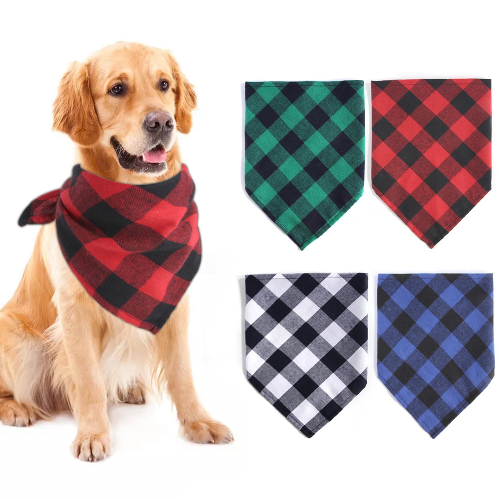 Bellaven Plaid Dog Bandana 4 Pack - Cotton Bandanas Handkerchiefs Scarfs Triangle Bibs Accessories for Small Medium Large Dogs Puppies Pets, Black and White, Red, Green, Blue