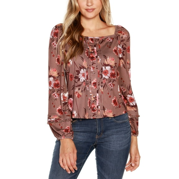 Belldini Black Label Floral Peasant Top Mocha Combo L