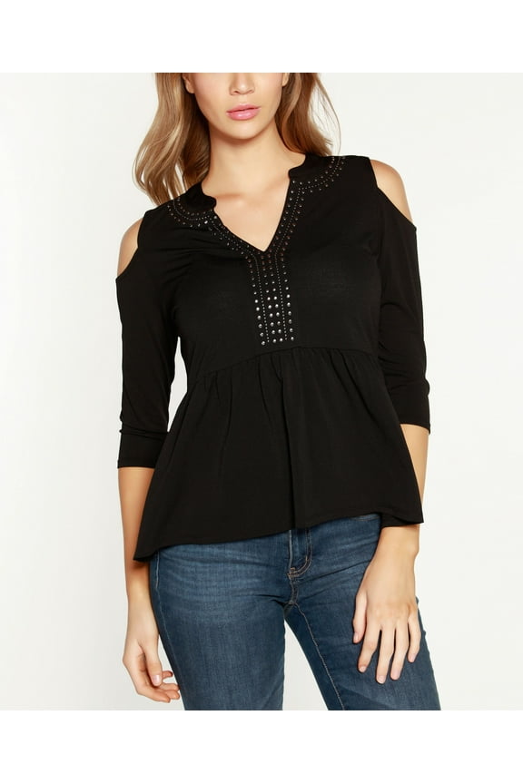 Black Label Petite Cold Shoulder Split Neck Peplum Top Black Pewter PM