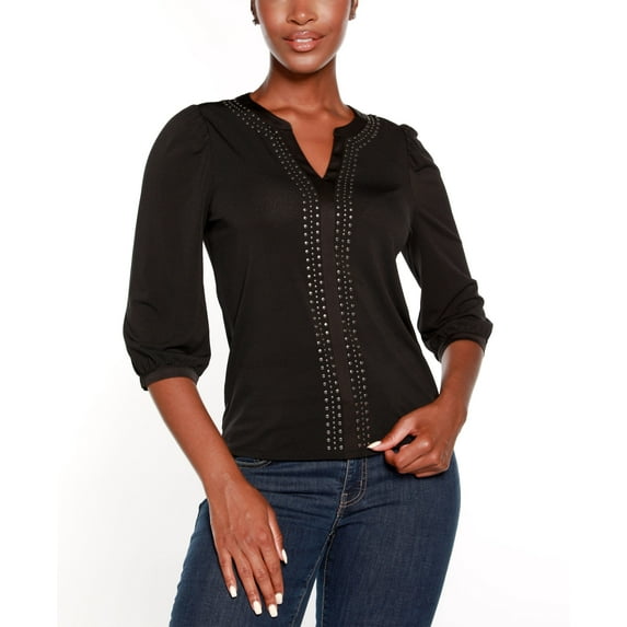 Belldini Black Label Petite Embellished Split Neck Top Black PXL