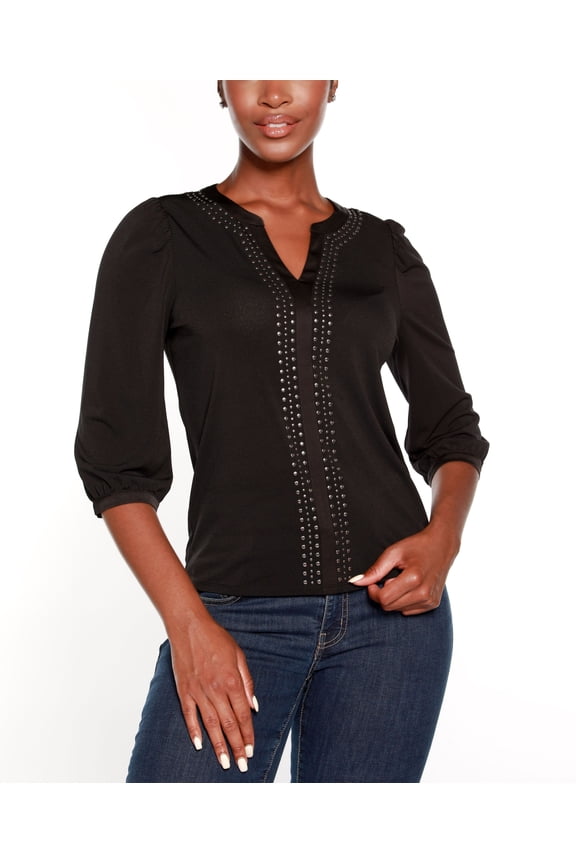 Black Label Petite Embellished Split Neck Top Black PXL