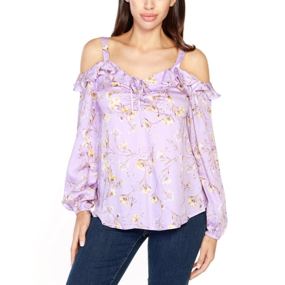 Belldini Black Label Petite Floral Ruffle Button-Front Blouse Top Fl Pastel Lilac Combo PXL