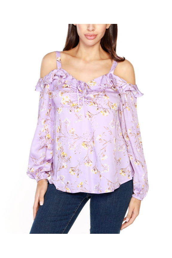 Black Label Petite Floral Ruffle Button-Front Blouse Top Fl Pastel Lilac Combo PXL