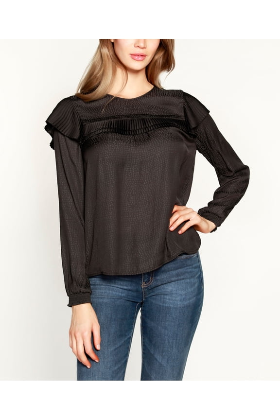 Black Label Petite Long Sleeve Pleated Ruffle Top Lo Black PXS