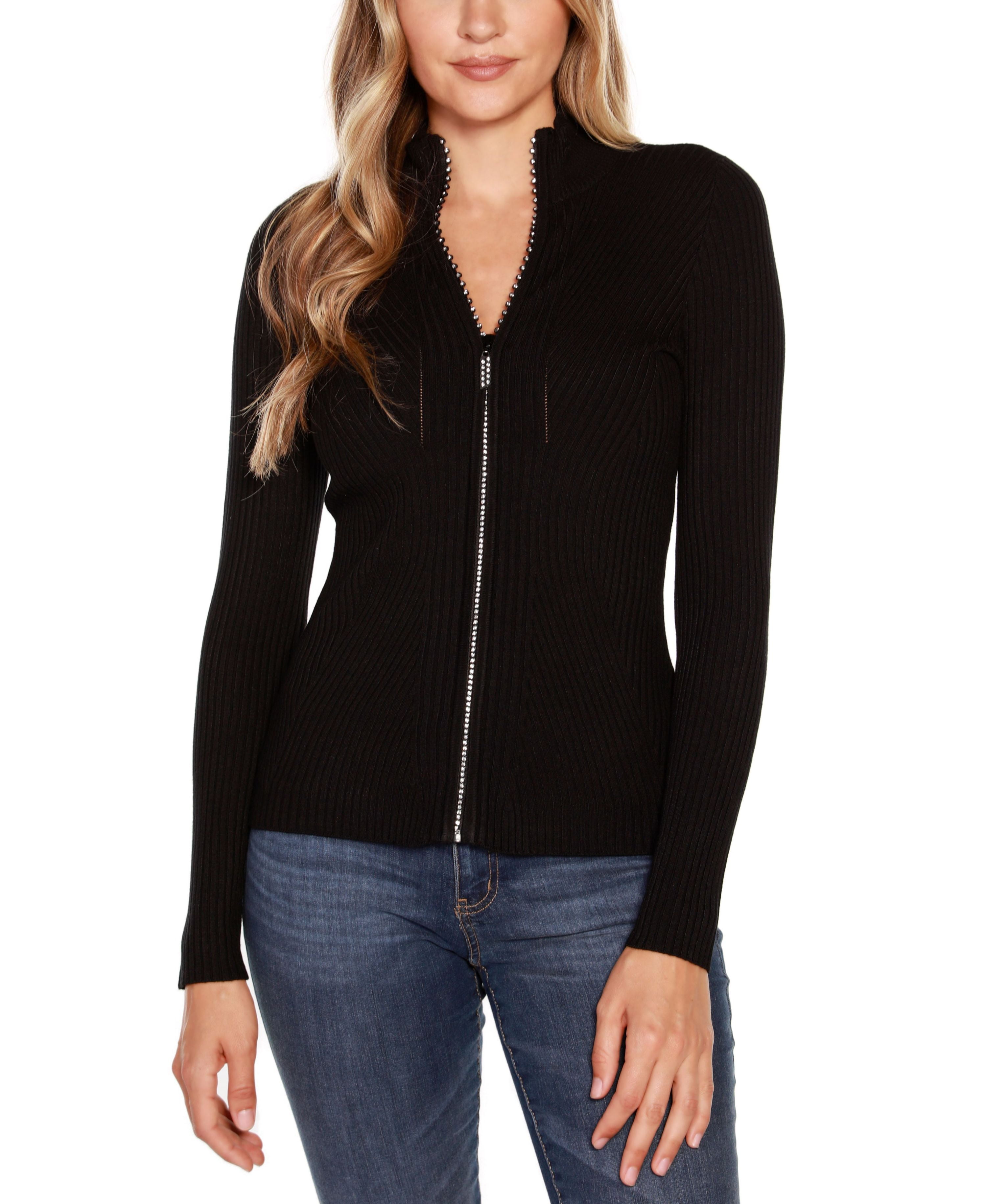 Belldini Black Label Petite Mock Neck Ribbed Sweater Zip Up Black