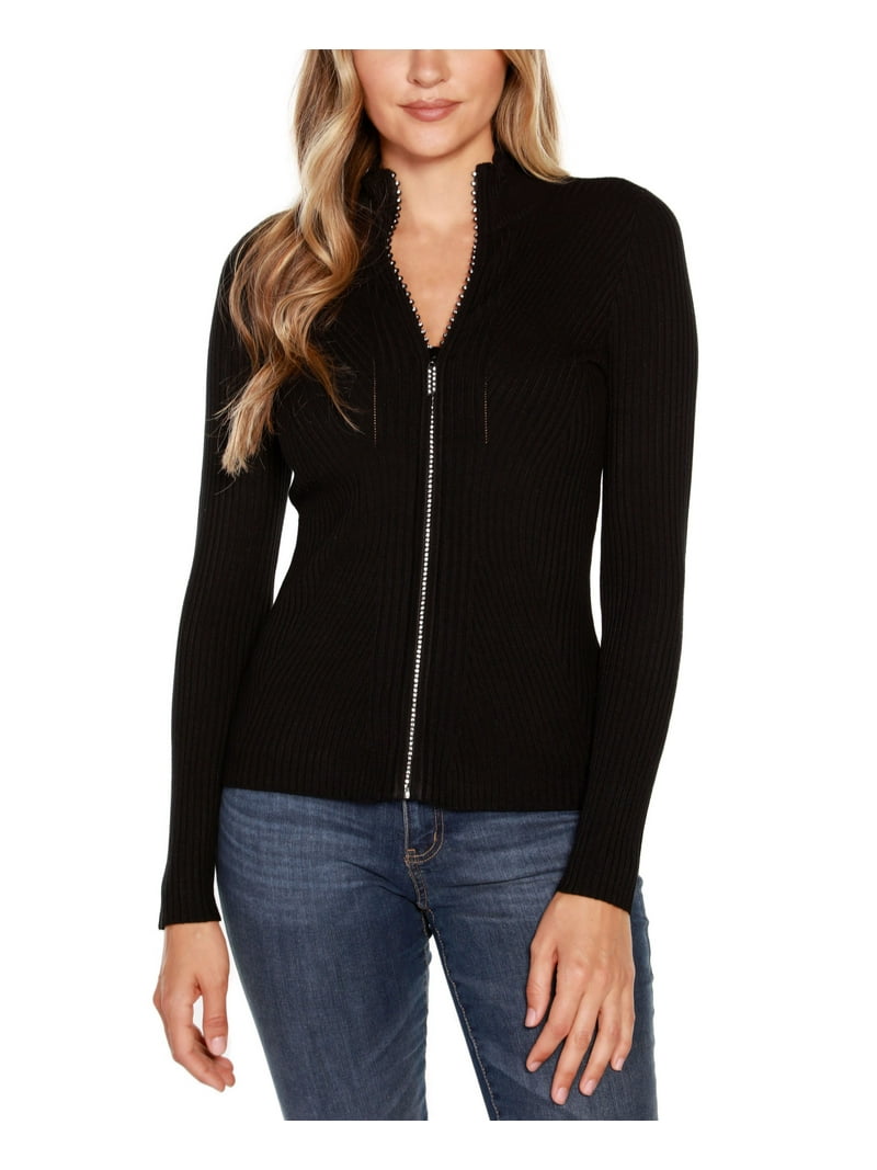 Belldini Black Label Petite Mock Neck Ribbed Sweater Zip Up Black