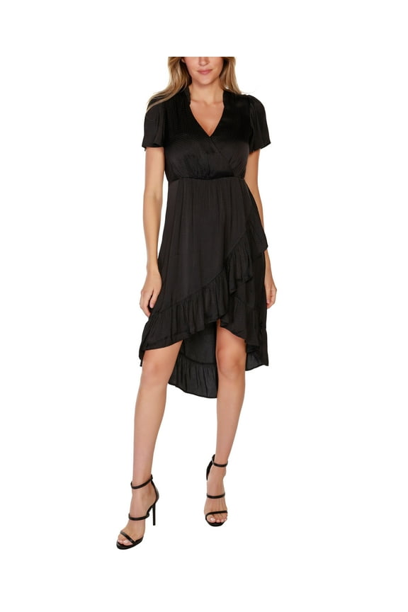 Black Label Petite Solid High Low Ruffle Hem Dress Black PL