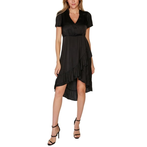 Belldini Black Label Petite Solid High Low Ruffle Hem Dress Black PL