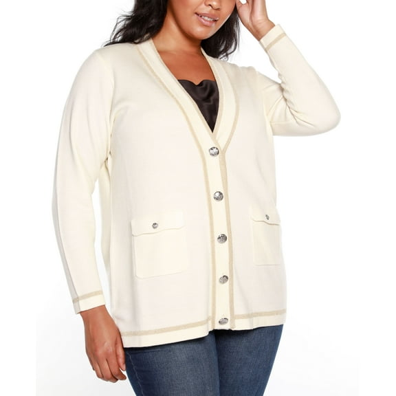 Belldini Black Label Plus Size Button Front Cardigan With Lurex Stripe Detailing Champagne 2X