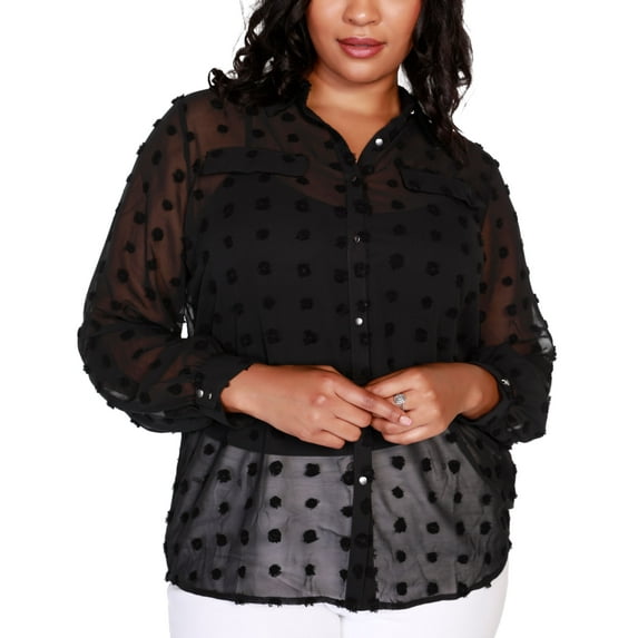 Belldini Black Label Plus Size Button-Front Clip-Dot Blouse Black 3X