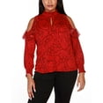 thumbnail image 1 of Belldini Black Label Plus Size Cold Shoulder Ruffled Top Belldini Red, Cranberry 1X, 1 of 1