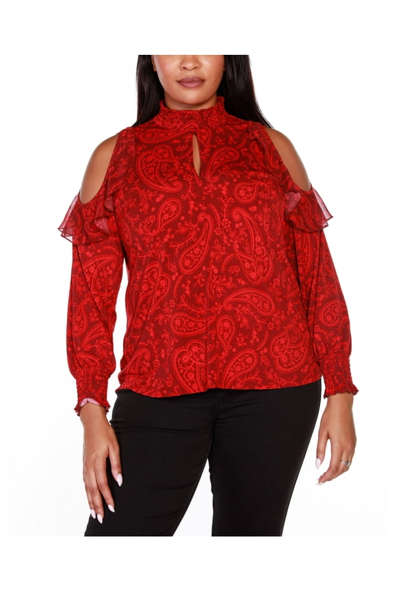 Black Label Plus Size Cold Shoulder Ruffled Top Belldini Red, Cranberry 1X