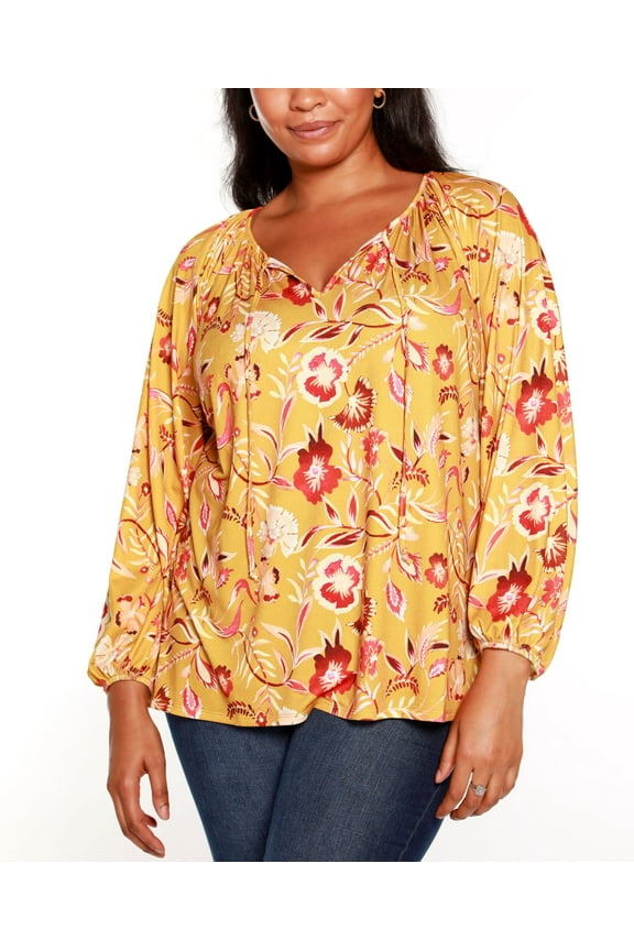 Black Label Plus Size Floral Peasant Top With Blouson Sleeves Honey Gold Tone Combo 3X