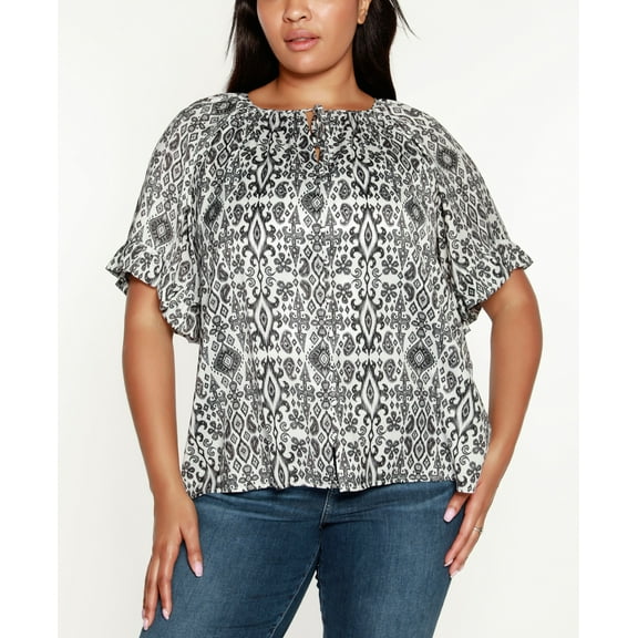 Belldini Black Label Plus Size Ikat Printed Short Sleeve Top White Combo 2X