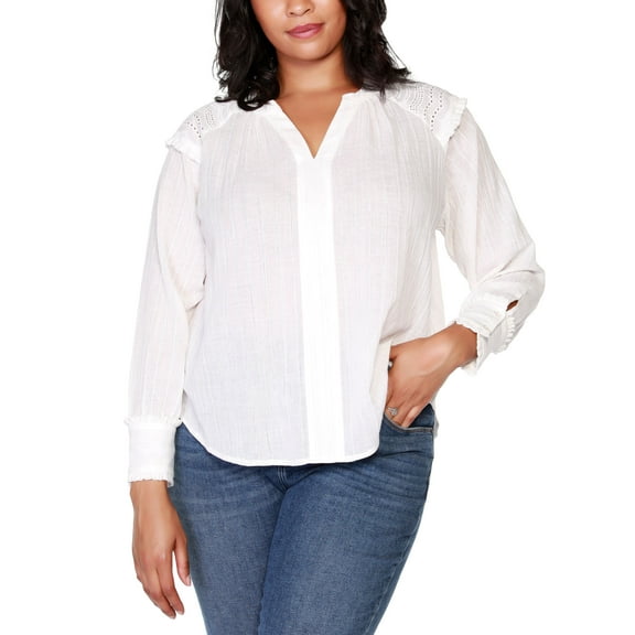 Belldini Black Label Plus Size Long Sleeve Top with Lace and Ruffle Trim White, Silver Tone 2X