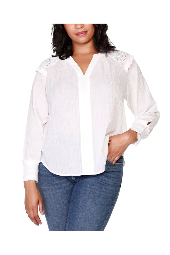 Black Label Plus Size Long Sleeve Top with Lace and Ruffle Trim White, Silver Tone 2X