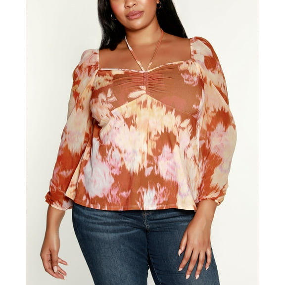 Belldini Black Label Plus Size Printed Blouson Sleeve Top Claycomb 1X