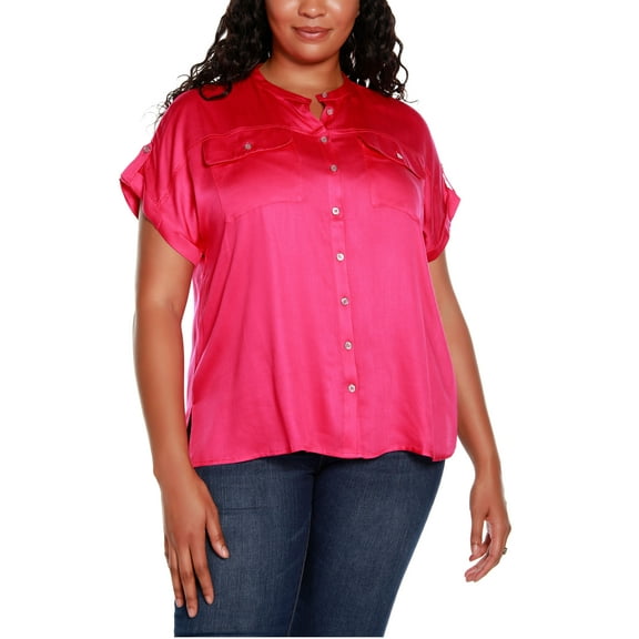 Belldini Black Label Plus Size Short Sleeve Button Up Top with Front Pockets Pink 2X