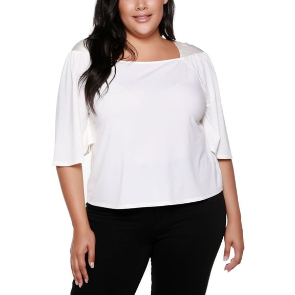 Belldini Black Label Plus Size Square-Neck Elbow Sleeve Top Winter White 1X